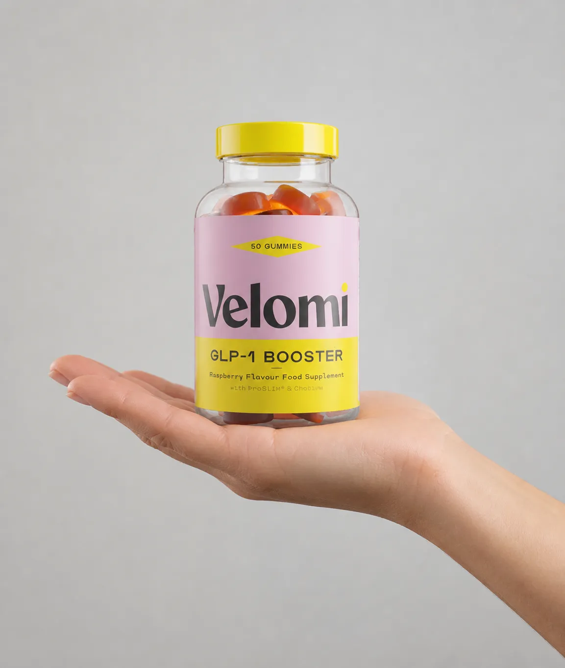 Velomi GLP-1 Gummies — Verpackung in der Hand